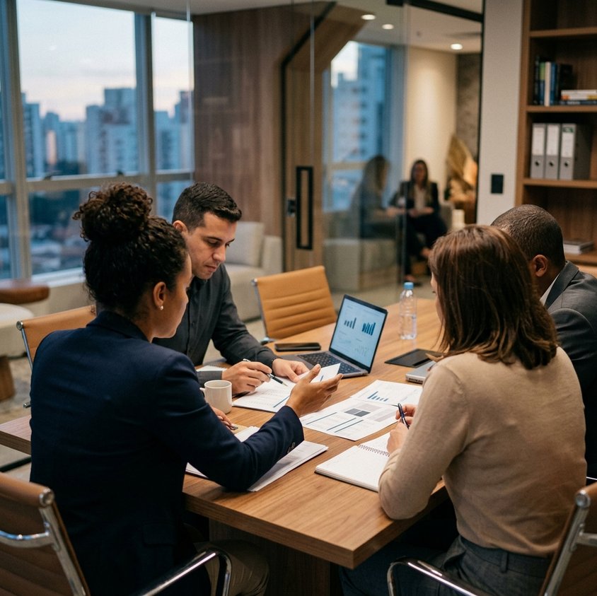 Profissionais de contabilidade reunidos em uma mesa