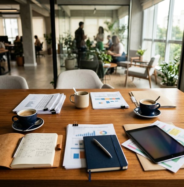 Mesa de reunião com documentos e café